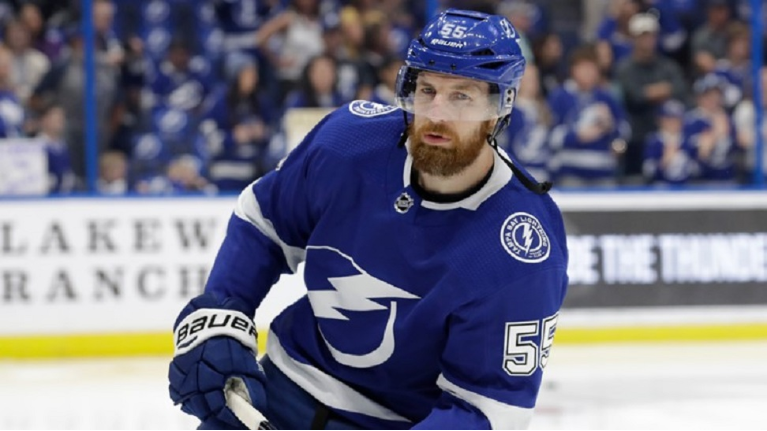 Tampa Bay Lightning defenseman Braydon Coburn (55) before an NHL hockey game against the Boston Bruins Monday, March 25, 2019, in Tampa, Fla. (AP Photo/Chris O'Meara)