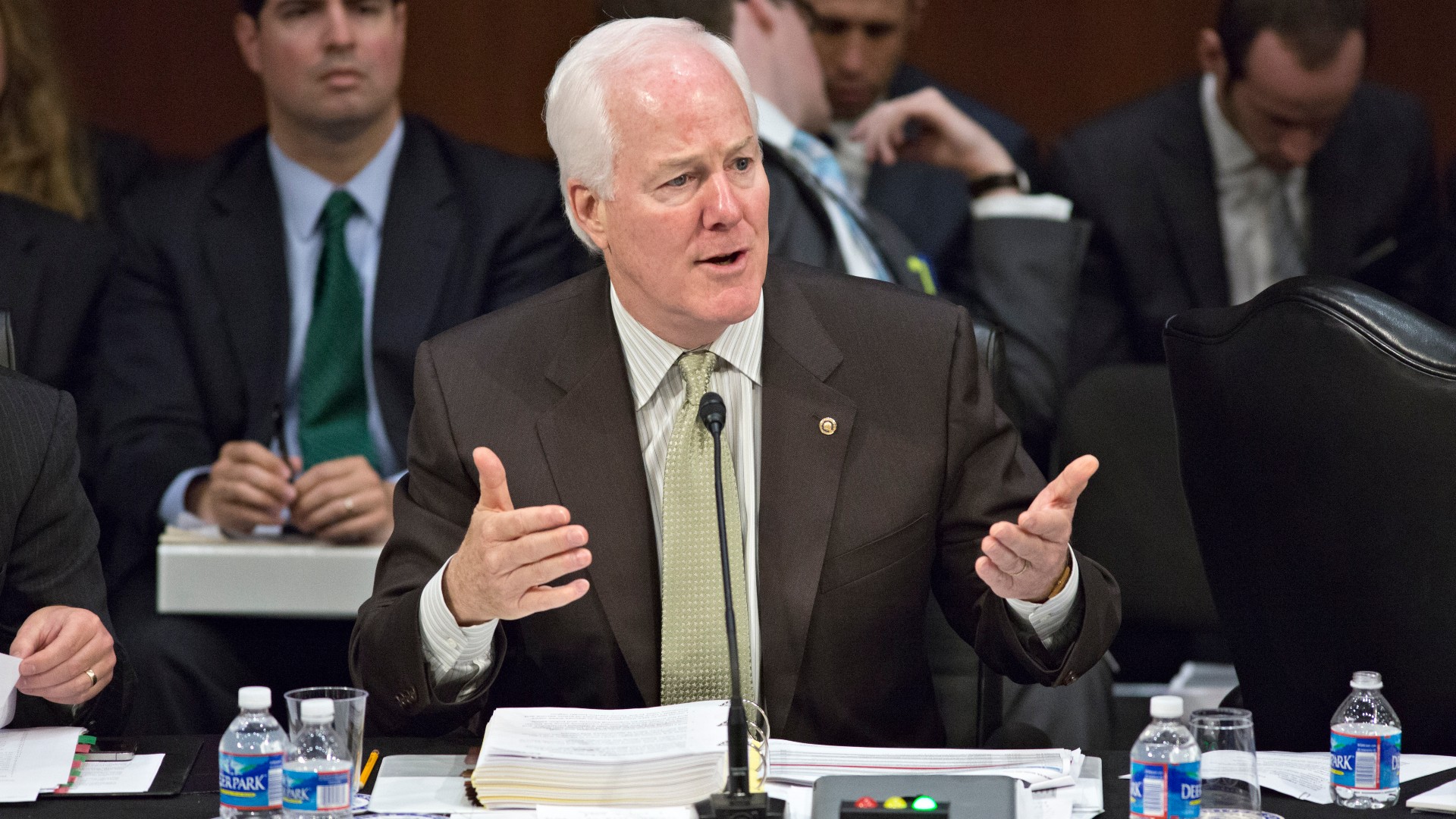 Sen. John Cornyn, R-Texas, discusses an amendment as the Senate Judiciary Committee meets in a markup session to examine proposed changes to immigration reform legislation, on Capitol Hill in Washington, Thursday, May 9, 2013. (AP Photo/J. Scott Applewhite)
