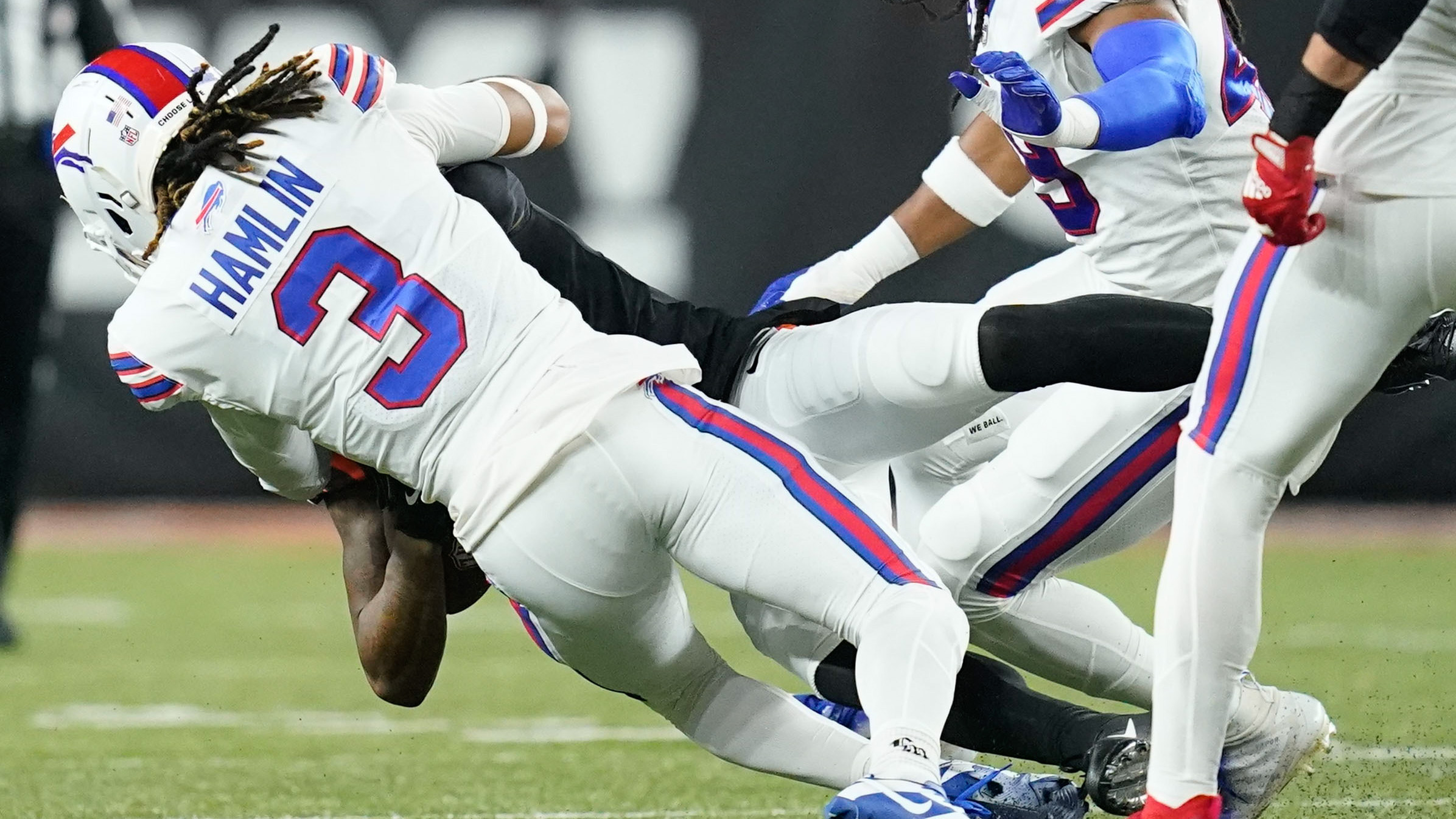 Damar Hamlin makes a tackle during the Bengals/Bills game in Cincinnati. (AP)