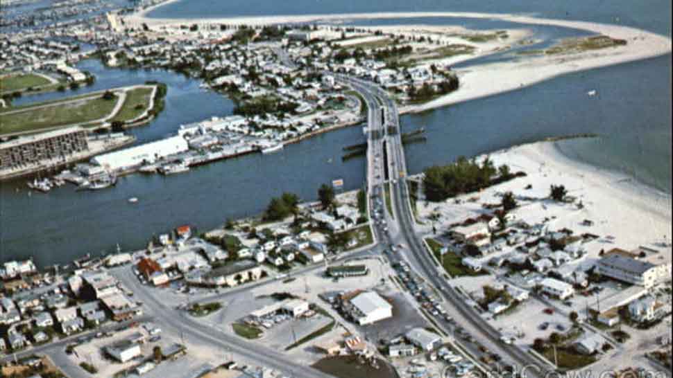 Aerial view of bridge construction that precipitated the construction of John's Pass. (Courtesy: John Stewart)